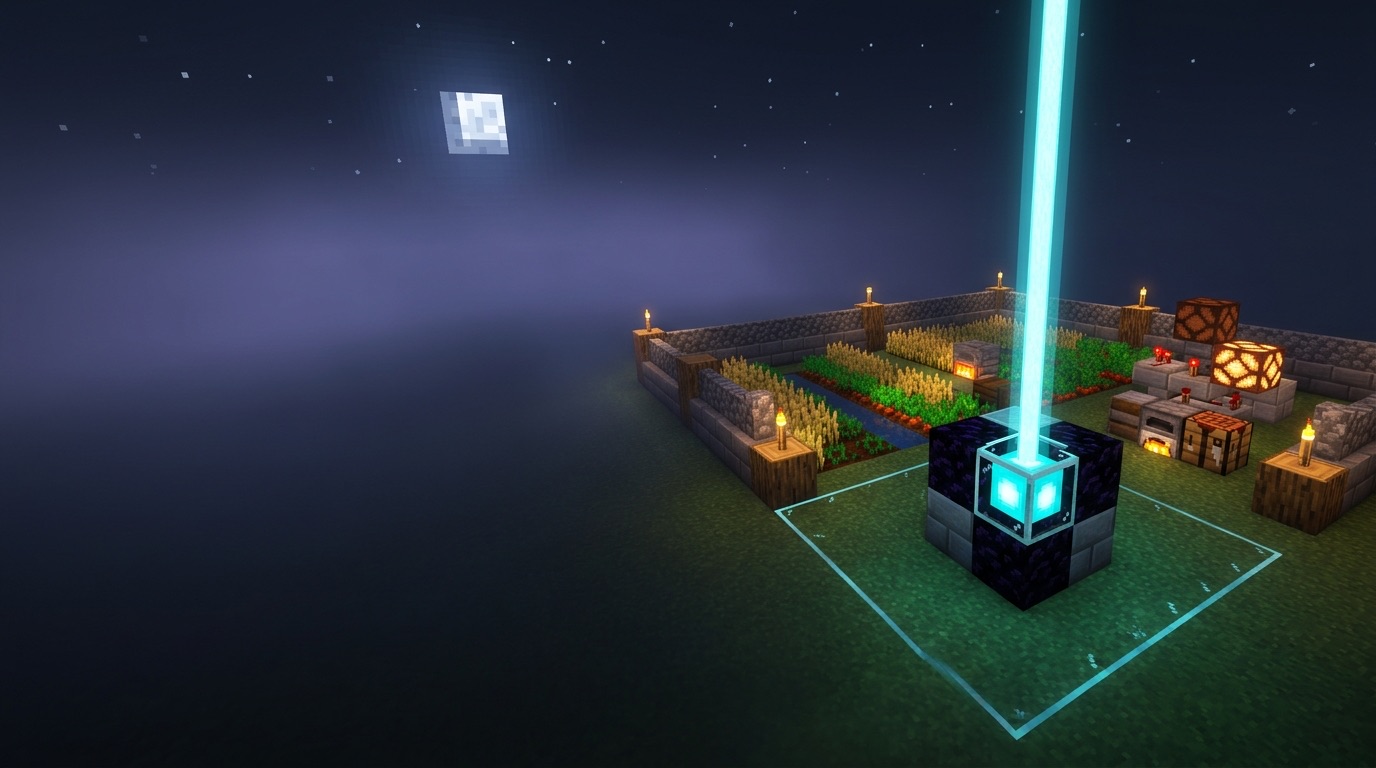 A glowing Chunk Anchor block beams light into the night sky beside a walled farm