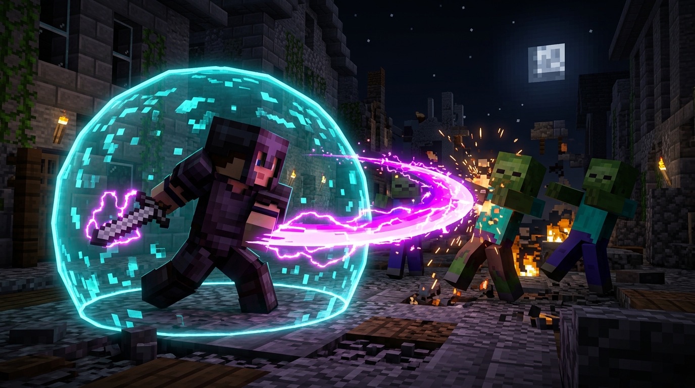 A netherite-armored player inside a cyan energy shield slashes zombies with a plasma sword