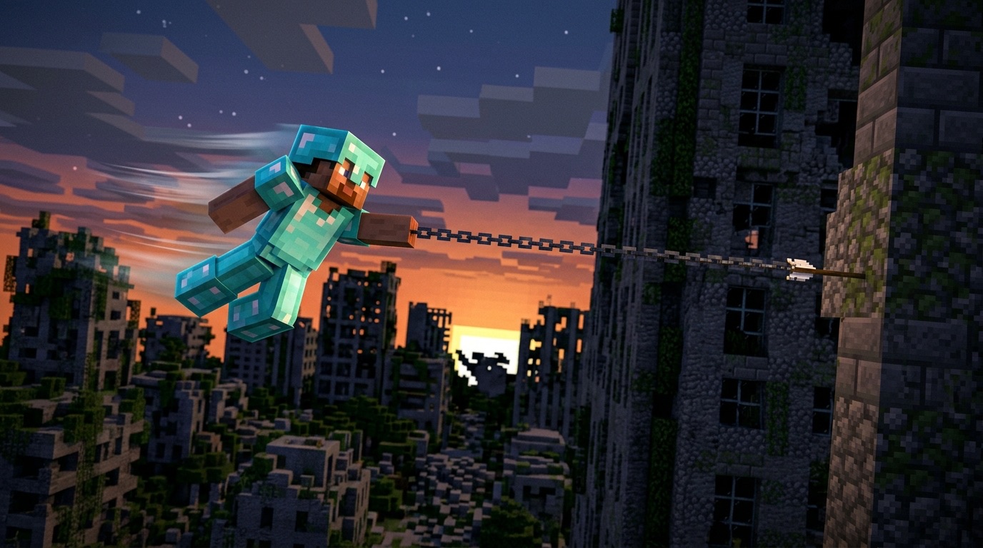 A diamond-armored player is pulled toward a ruined skyscraper on a steel chain