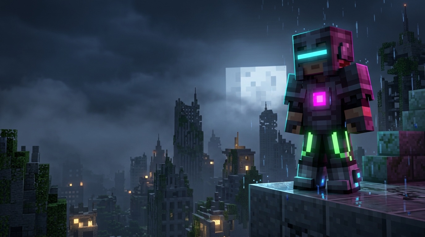 A player in netherite armor with glowing augment hardware stands on a ruined rooftop at night