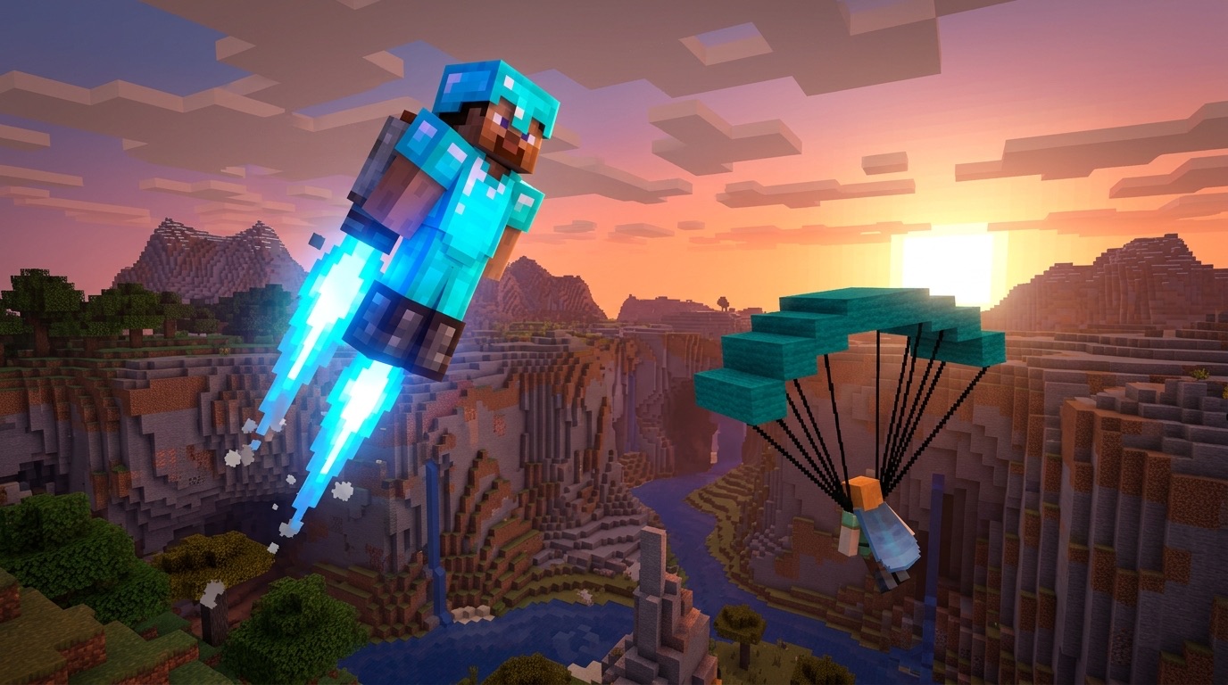 A player flies on jet boots over a canyon while another glides under a parachute