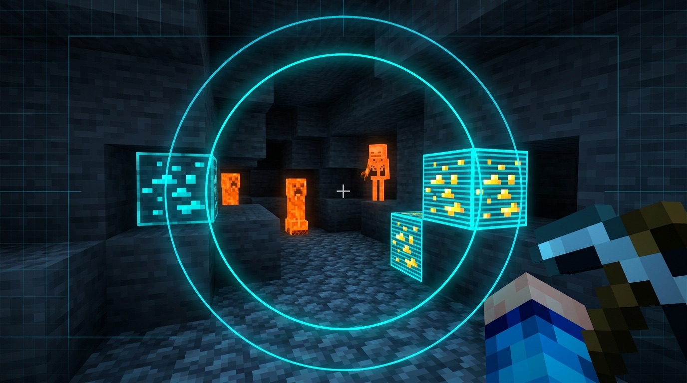 First-person cave view with creepers glowing through walls and ores outlined by a sonar ping