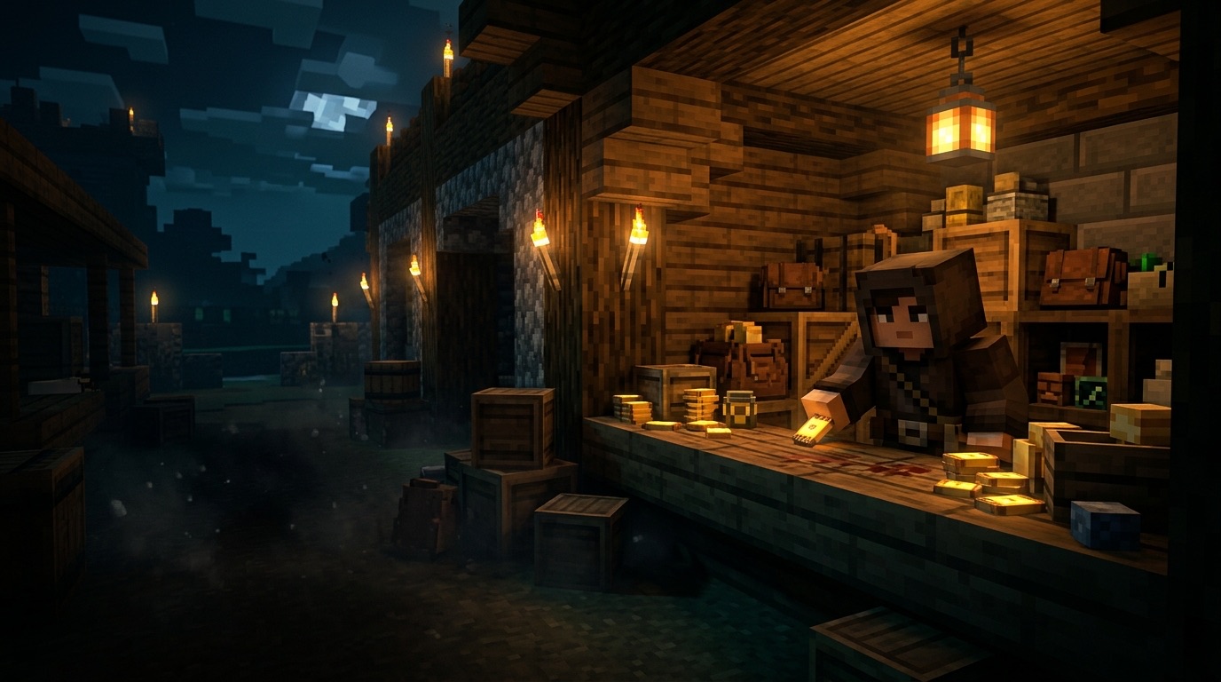 A hooded broker behind a lamplit counter slides a glowing credit chip across stacks of chips
