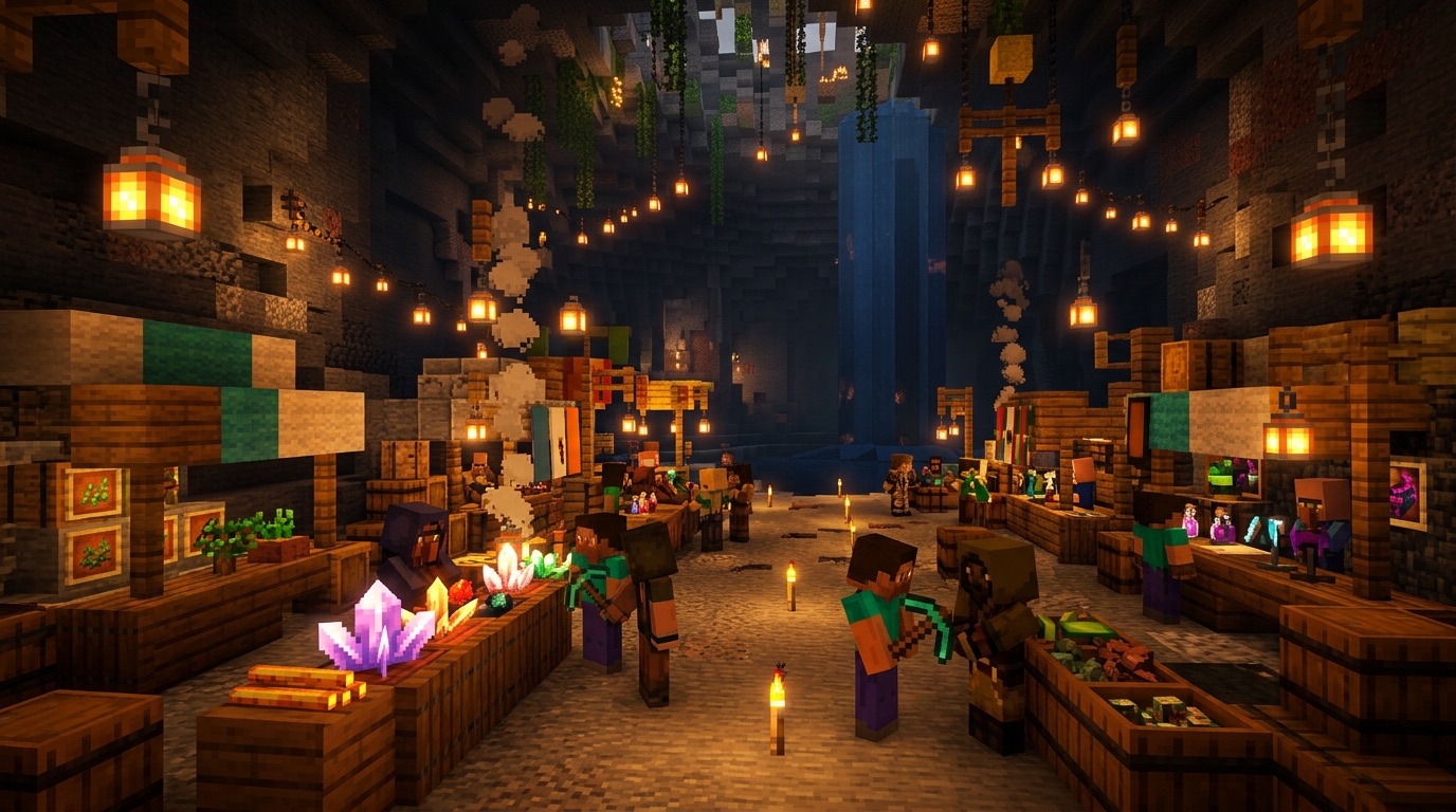 A lantern-lit underground market in a cavern, with traders selling seeds, saplings and rare materials