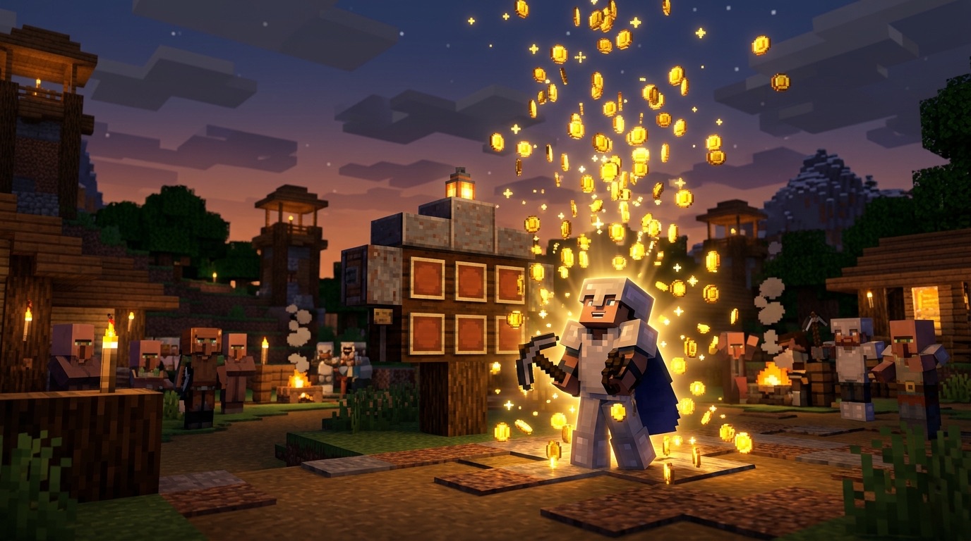 A player in an outpost is showered with glowing gold as a job pays out