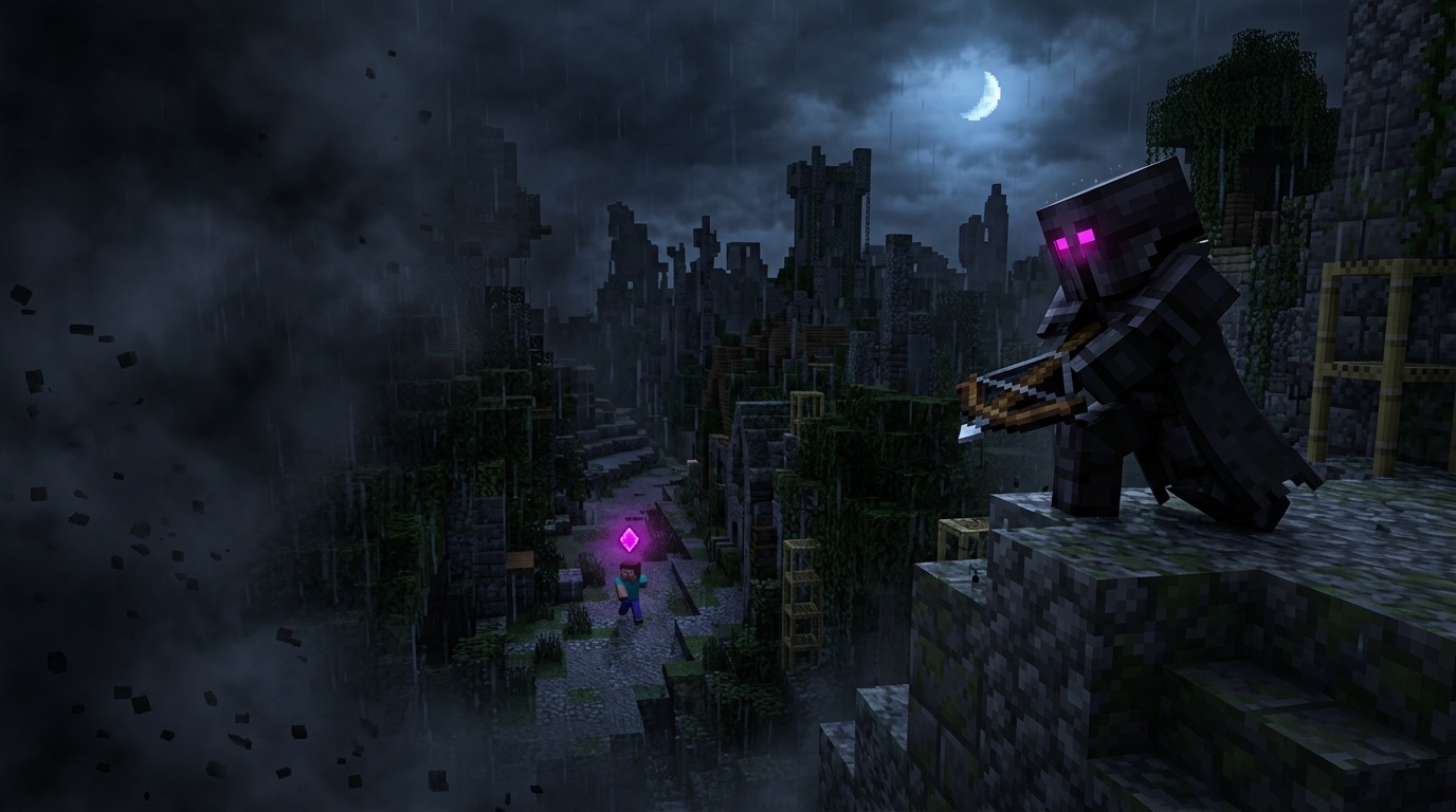 A hooded bounty hunter with a crossbow crouches on a rooftop above a marked fugitive in a ruined city