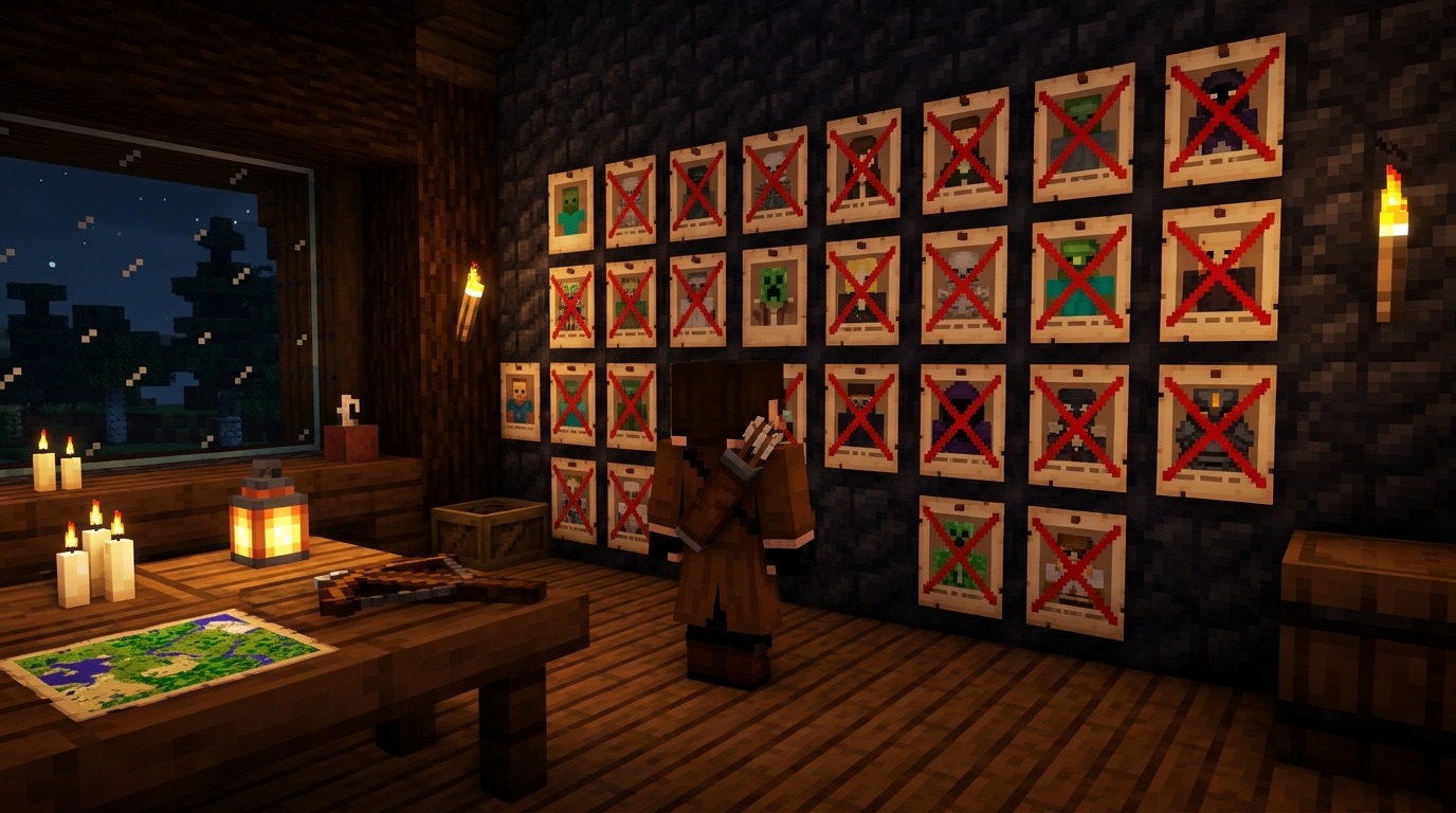 A hunter admires a wall of crossed-out wanted posters