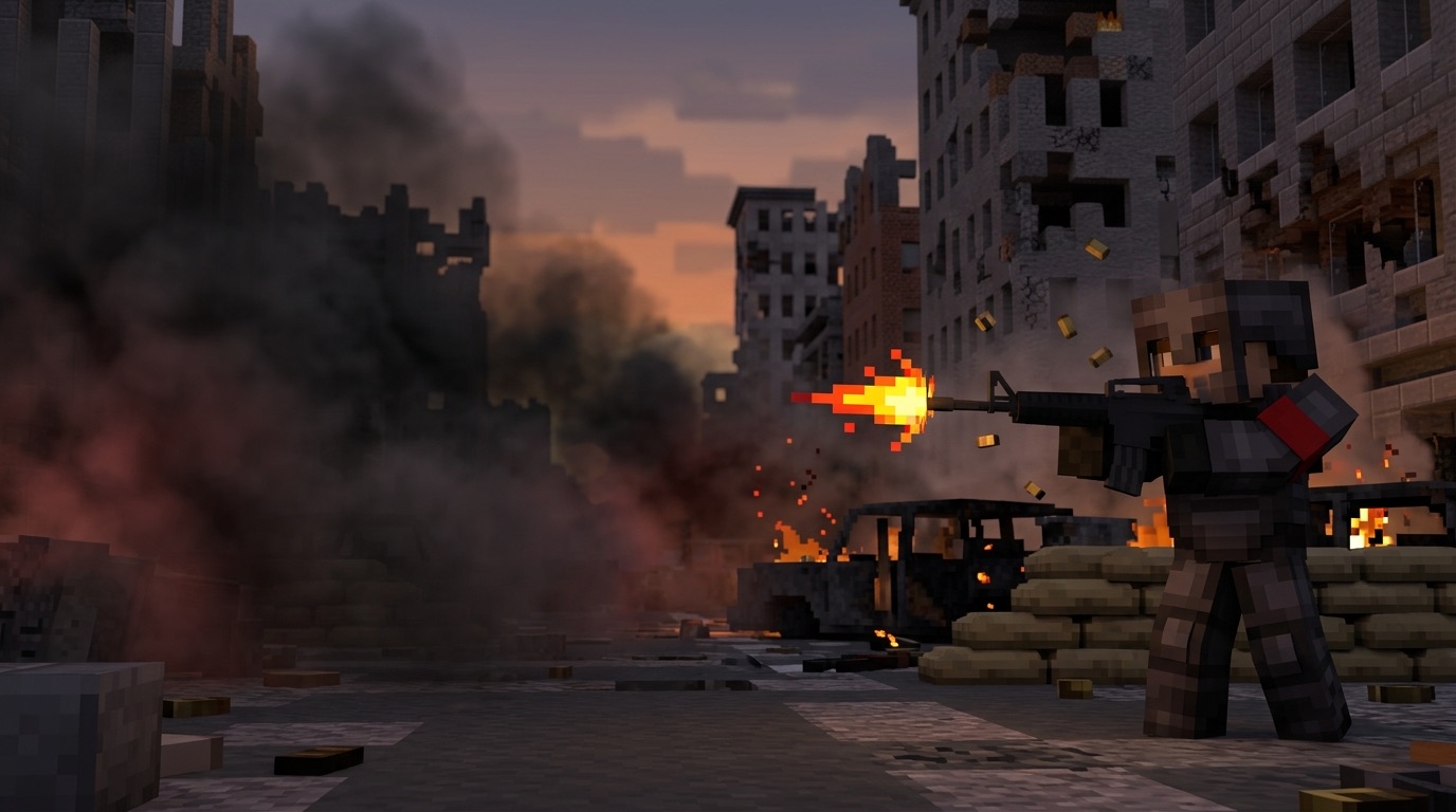 A survivor in tactical armor fires an assault rifle down a burning ruined street