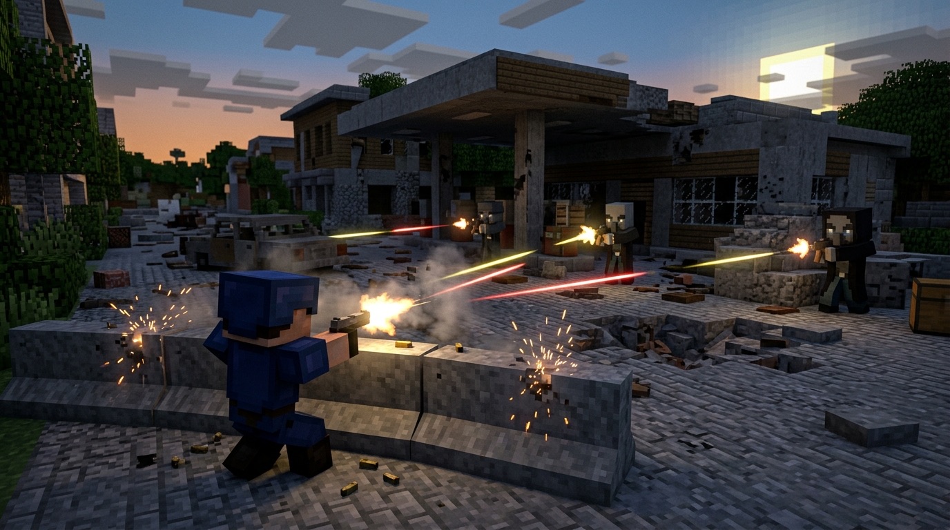 A player behind a concrete barrier trades fire with bandits at a ruined gas station