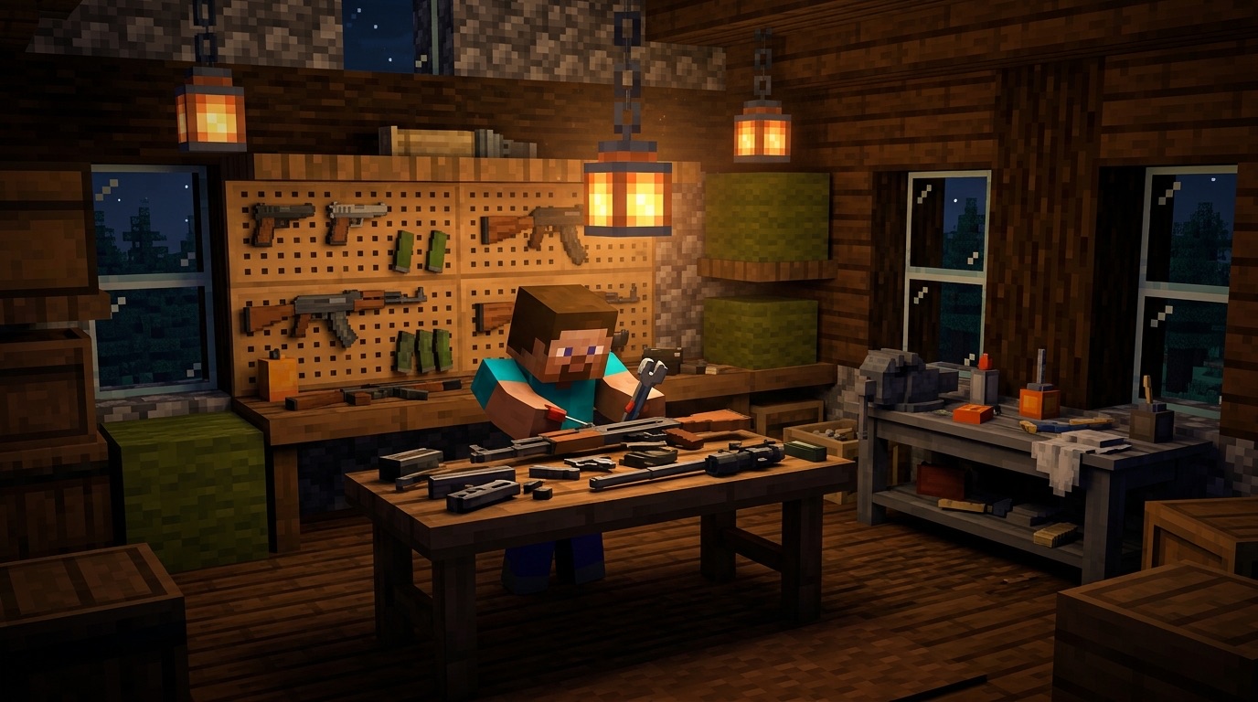 A survivor works on a stripped-down rifle at a lamplit workbench
