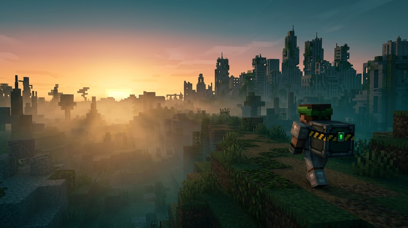 A courier with a sealed cargo crate on their back walks through a misty wasteland toward a ruined city at dawn