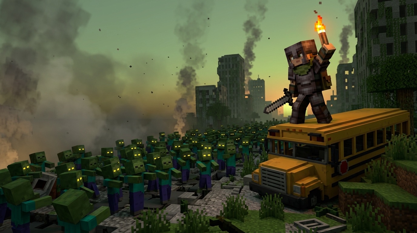 A survivor with a torch stands on a wrecked school bus above a horde of zombies in a ruined city at dusk