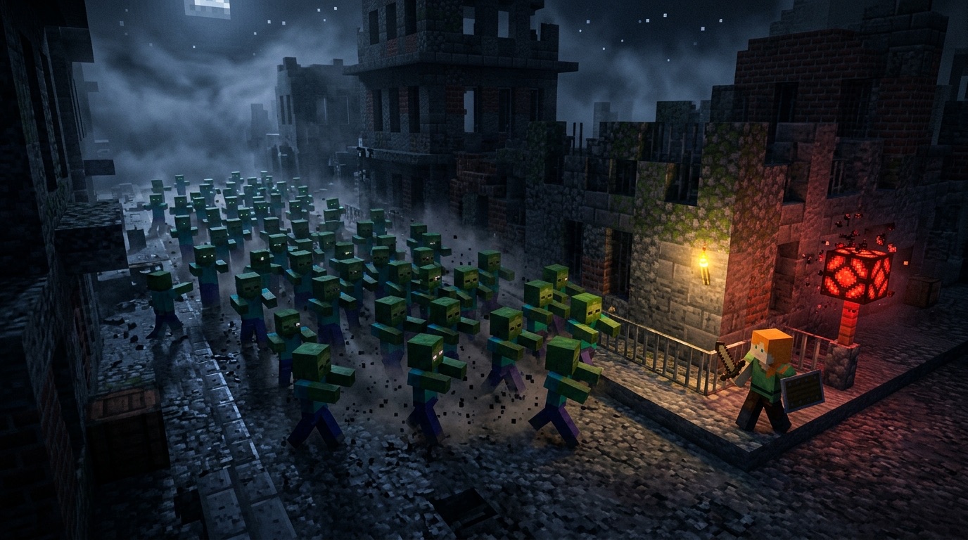 A herd of zombies streams down a dark street toward a lone survivor