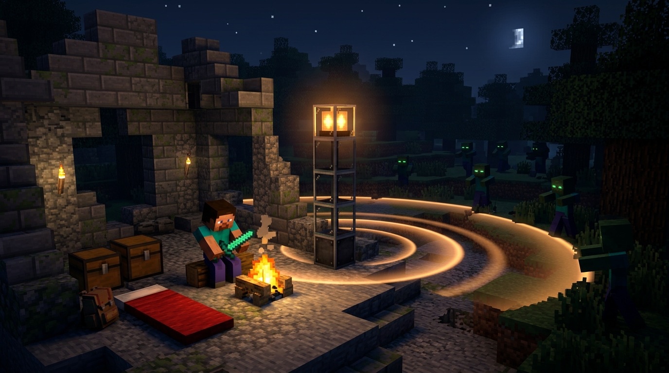 A survivor camp at night with a sleeping bag, campfire and a glowing perimeter beacon keeping zombies at bay