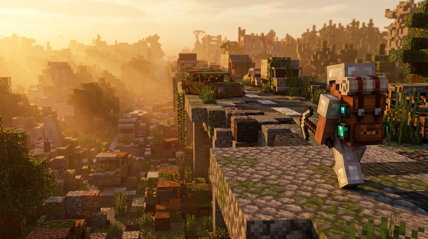 A scavenger with a large trimmed leather pack walks a ruined highway at golden hour