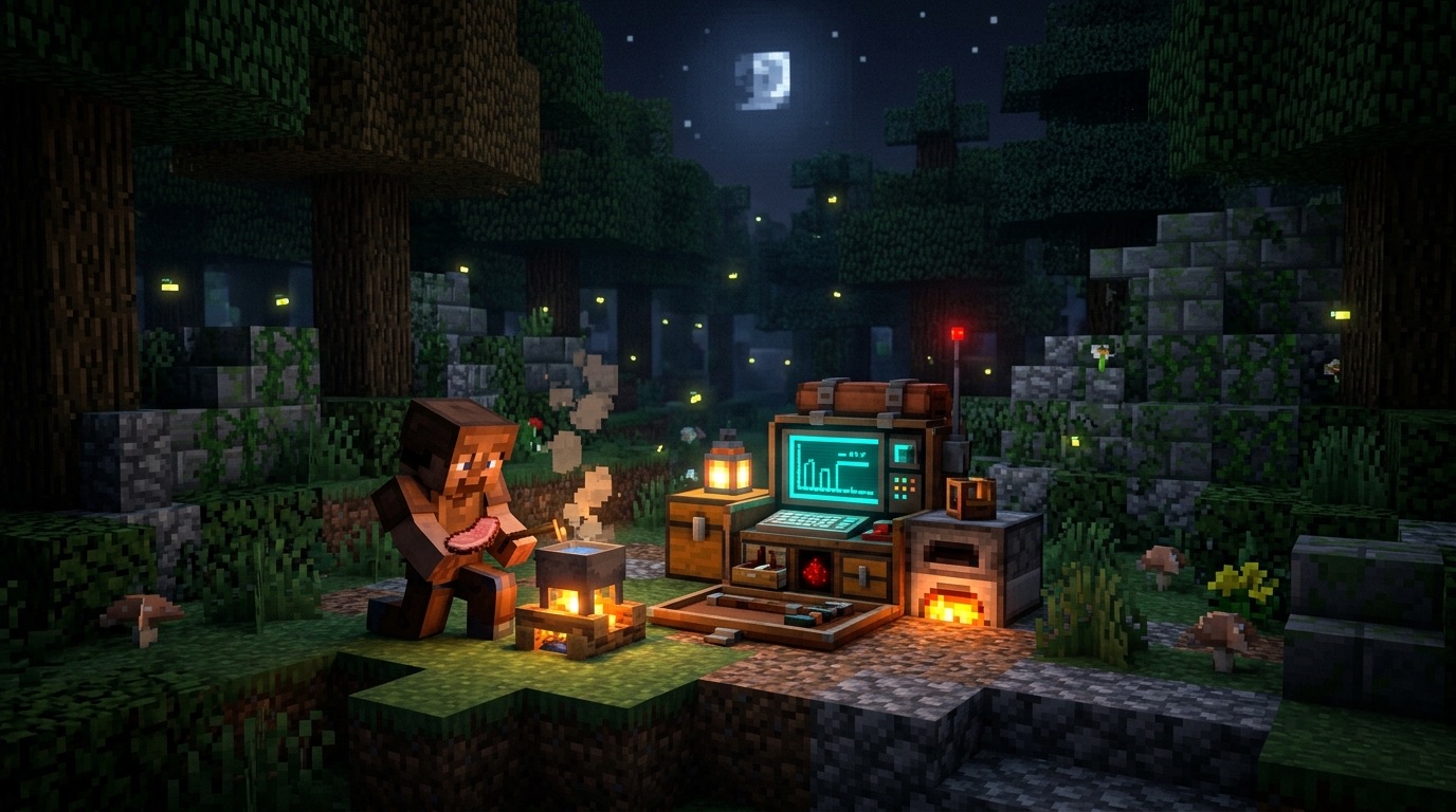 A pack set down in a night forest has become a field station with a stove, a furnace, a glowing console and an alarm antenna