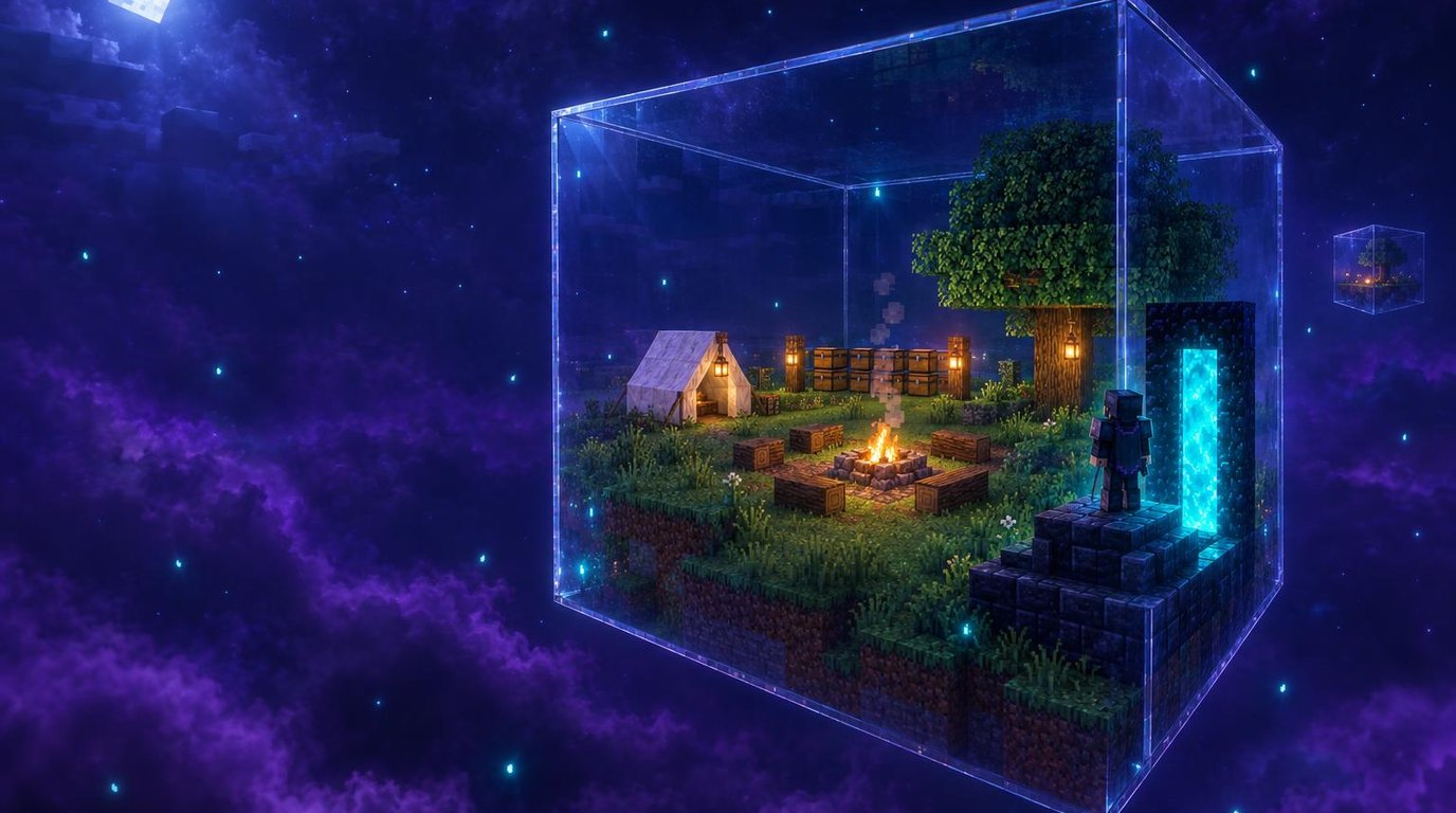 A glass cube floats in a violet night sky; inside, a campsite with a campfire, a tent and a row of chests, and an armoured player standing by a glowing gate on a dark podium