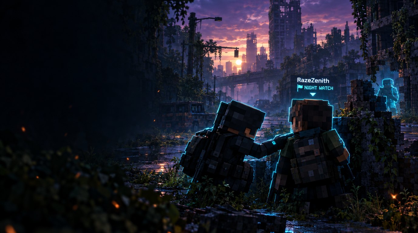 One blocky survivor crouches and taps another on the shoulder in a ruined street; a two-line name tag reads Night Watch and a third teammate glows through a wall