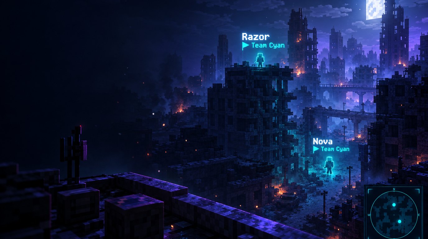 Two glowing teammates far across a ruined night city, each with a large two-line name tag; a minimap in the corner shows their dots